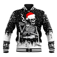 Black baseball jacket with skeleton Santa graphic, red hat, ribbed collar and striped cuffs
