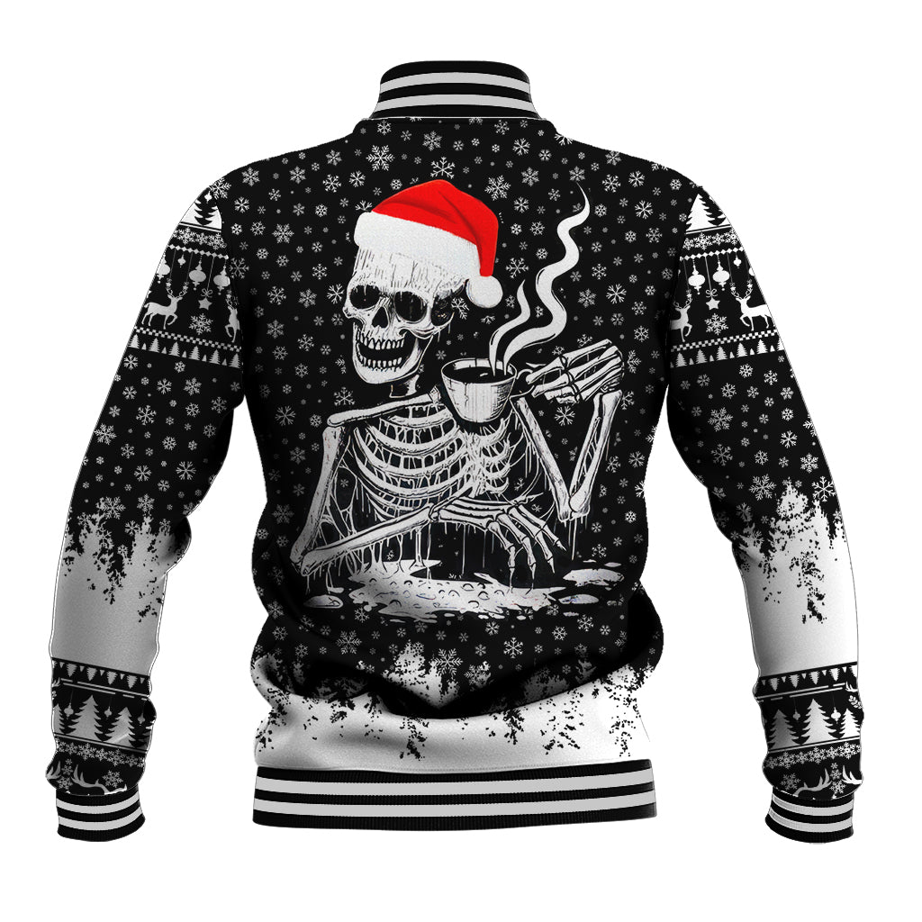 Black baseball jacket back with skeleton Santa graphic, red hat, striped ribbed hem and cuffs