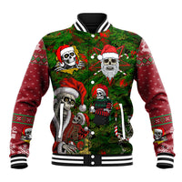 Unisex green baseball jacket with skeleton Santa and holiday skeleton graphic, button front