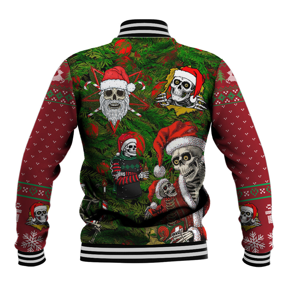 Unisex green baseball jacket back view with skeleton Santa collage, striped ribbed hem