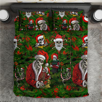 Green bedding set with skeleton Santa and elf characters on tree-needle pattern