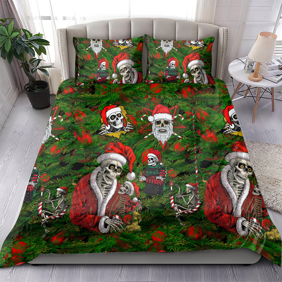 Green bedding set featuring two-toned skeleton Santa faces and red-robed figures