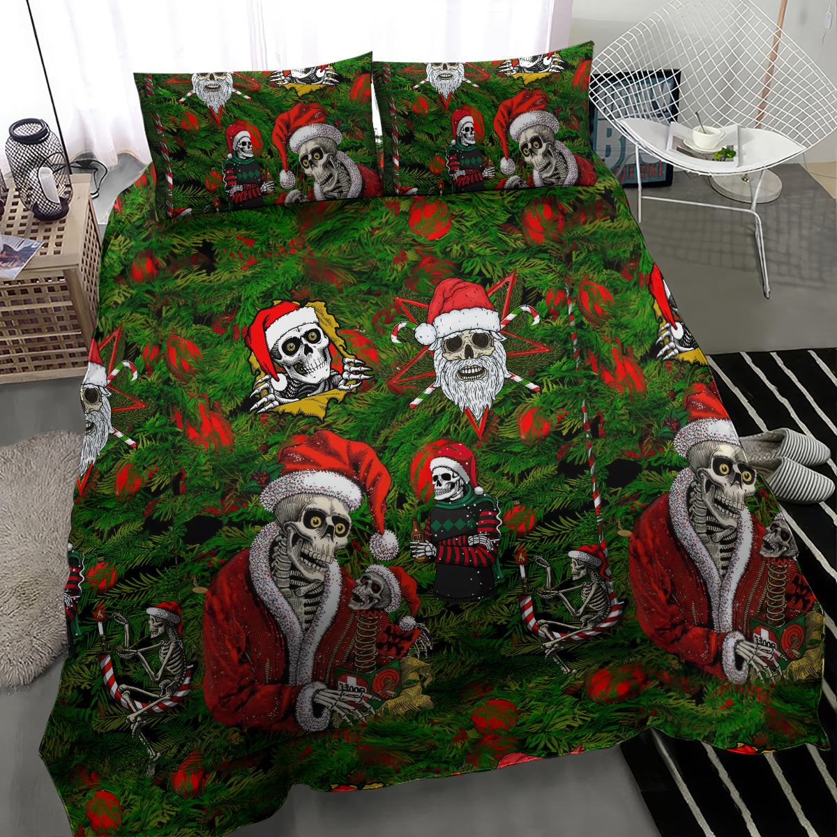 Green bedding set with skull-faced Santa, elves, and holiday ornaments across the bed