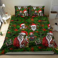 Green bedding set showing skeleton Santa and red-robed figures over leafy holiday print
