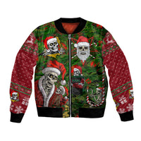 Green bomber jacket with red sleeves and Santa skeleton graphic zip front