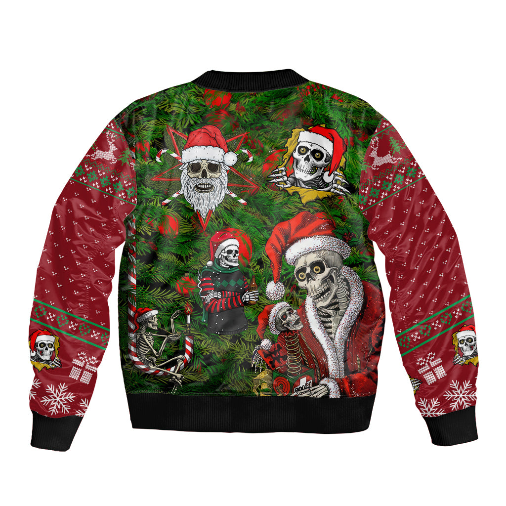 Green bomber jacket with Santa skeletons all-over print and ribbed cuffs