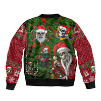 Green bomber jacket with Santa skeletons all-over print and ribbed cuffs