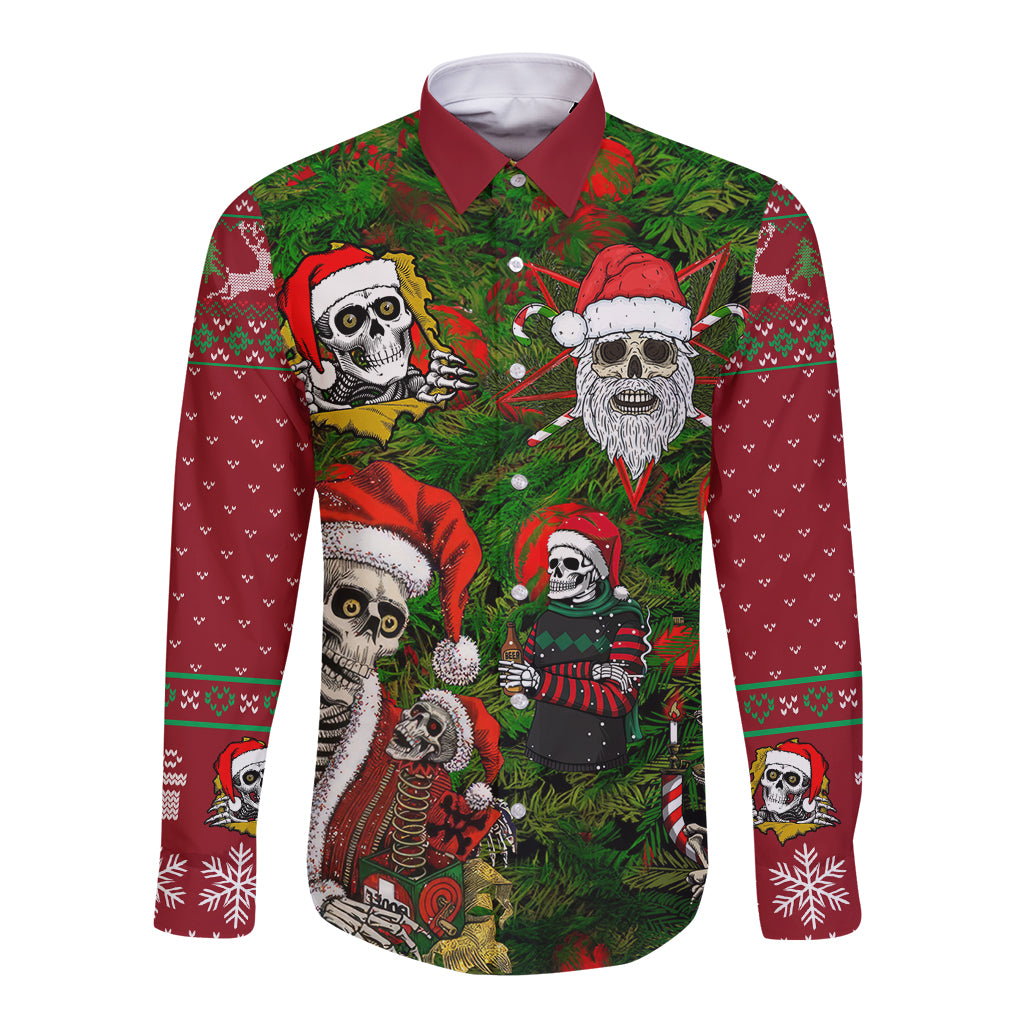 Long-sleeve button shirt in green with red collar and skeleton Santa pattern.