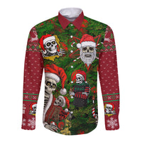 Long-sleeve button shirt in green with red collar and skeleton Santa pattern.
