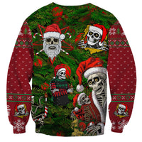 Green unisex sweatshirt with multi skeleton Santa print, red hearts and snowflake bands