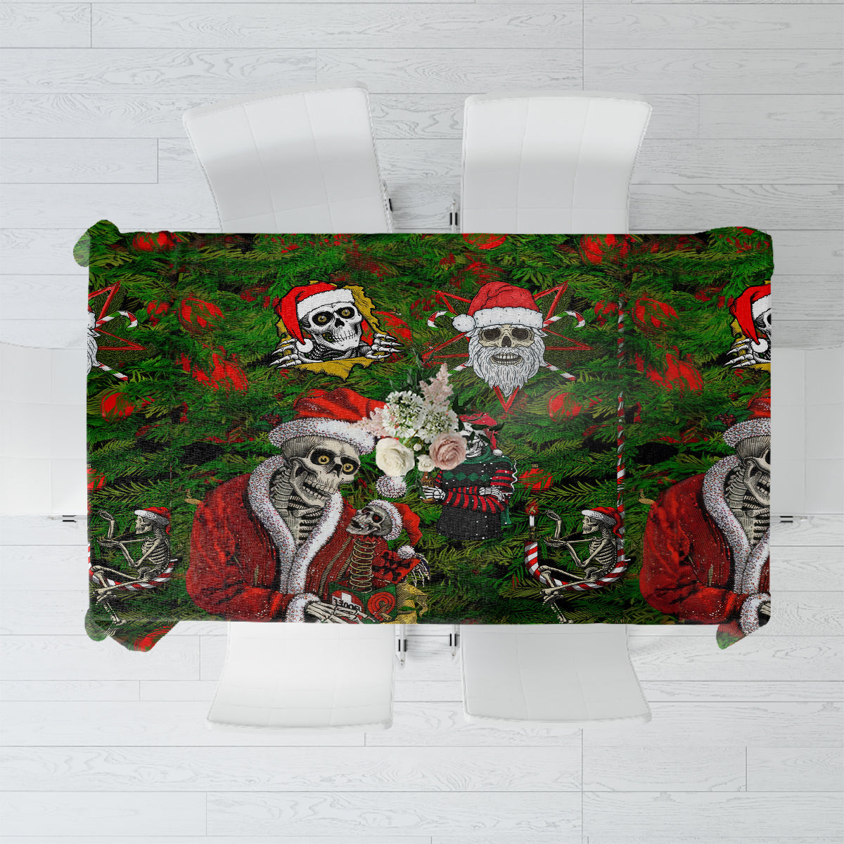 Green Christmas tablecloth with multi skeleton Santa print and red foliage details