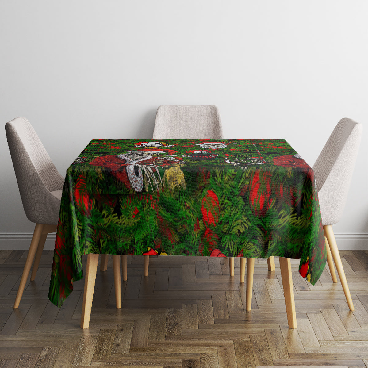 Green patterned Christmas tablecloth with skeleton Santas on red and green foliage
