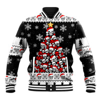 Unisex black baseball jacket with Santa skull graphic, snowflakes, striped cuffs