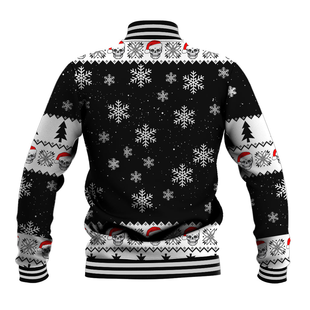 Unisex black baseball jacket back view with snowflake skull pattern and striped waistband