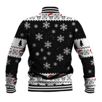 Unisex black baseball jacket back view with snowflake skull pattern and striped waistband