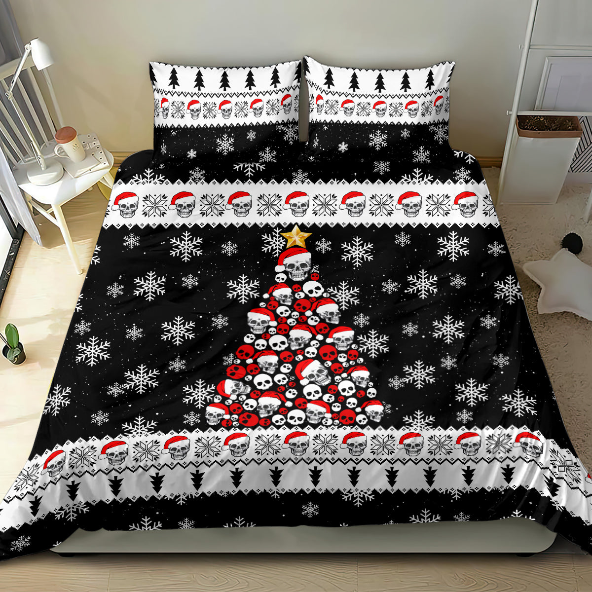 Black Christmas bedding set with skull tree graphic, snowflakes, and repeating Santa-head strip