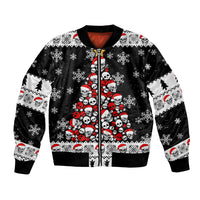 Black unisex bomber jacket with zipper, skull Santa and snowflake tree graphic