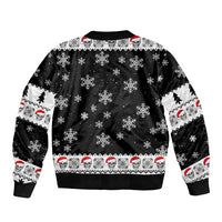 Black unisex bomber jacket back graphic with skull faces, snowflakes, and Santa hats