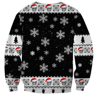 Unisex crewneck sweatshirt, black with white snowflakes and red skull pattern border