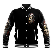 Black skeleton Santa baseball jacket with striped ribbed collar and front skull graphic