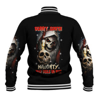 Black skeleton Santa baseball jacket with ribbed striped collar, back graphic, button snap front