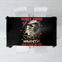 Black holiday tablecloth with skull Santa graphic and red text, rectangular coverage.