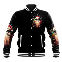 Black baseball jacket front, skull Santa graphic, snap buttons and striped collar trim
