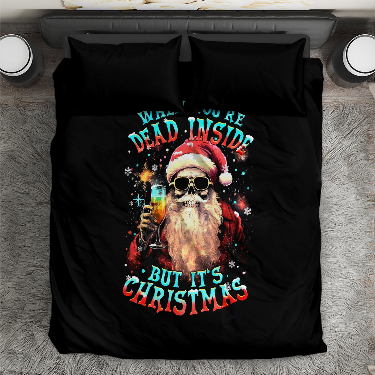 Black duvet cover bedding set with cartoon skull Santa holding a bottle, Christmas graphic