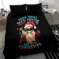 Black duvet cover bedding set featuring skull Santa with colorful lights and Christmas lettering
