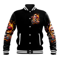 Black baseball jacket with front skull graphic, rose-and-flame sleeves, striped ribbed cuffs
