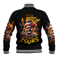 Black baseball jacket with back skull, roses, flames graphic and 'But Not Yours' text