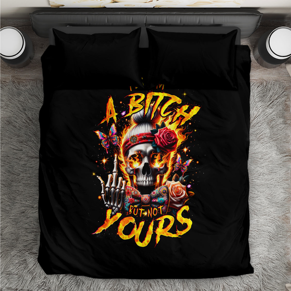 Black bedding set with bold skull graphic, includes duvet and two matching pillows