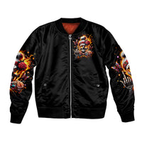 Black bomber jacket with front zipper, skull graphic, flame roses, and ribbed cuffs