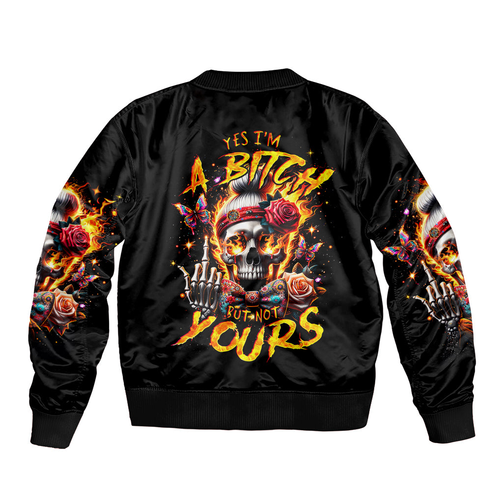 Black satin bomber jacket with skull graphic and flame roses on the back