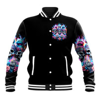 Black baseball jacket with colorful skull graphic, striped collar, snap front
