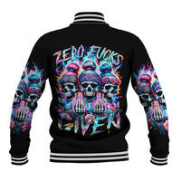 Black baseball jacket back with colorful skull and roses graphic, striped ribbed hem