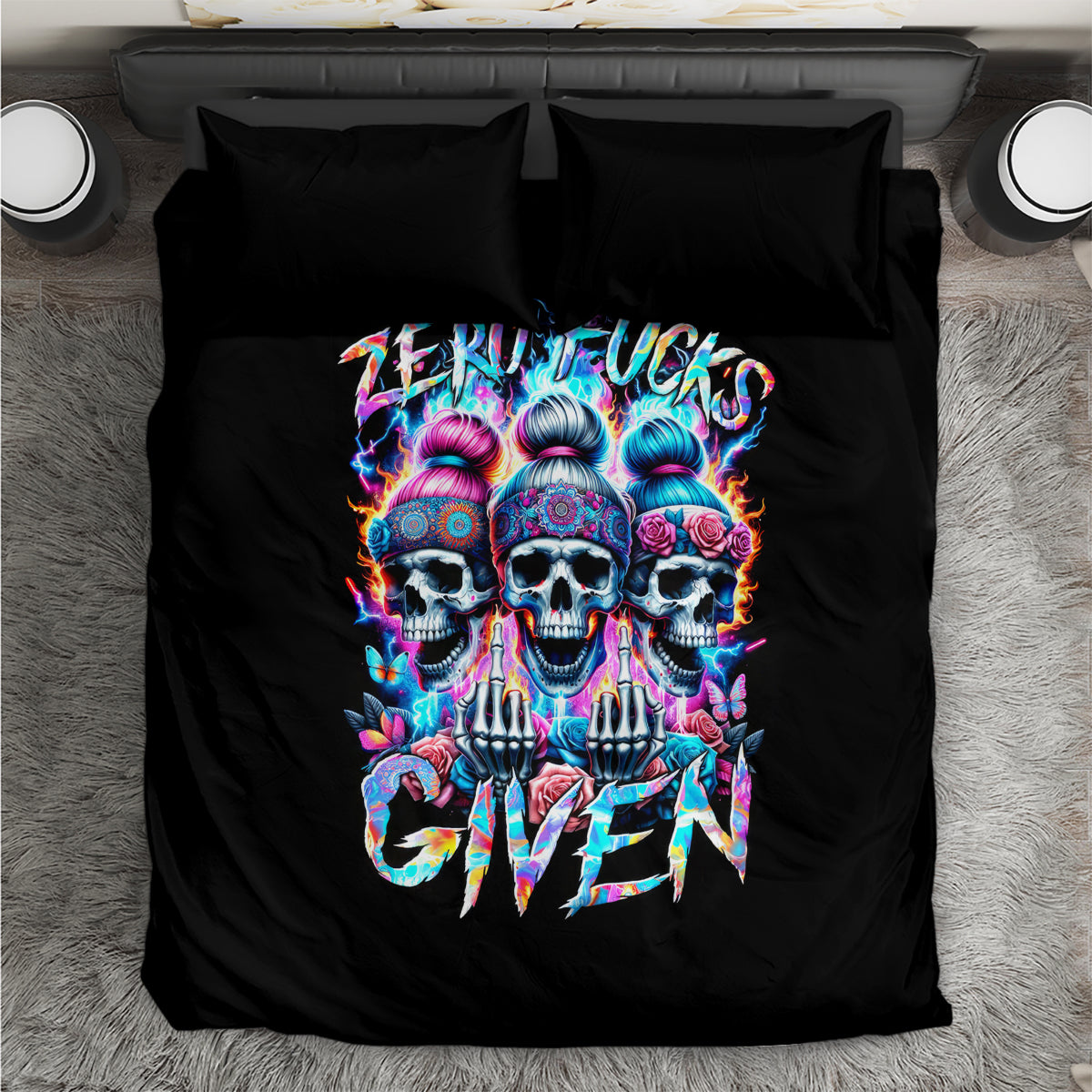 Black bedding set with colorful skull graphic and two matching pillowcases
