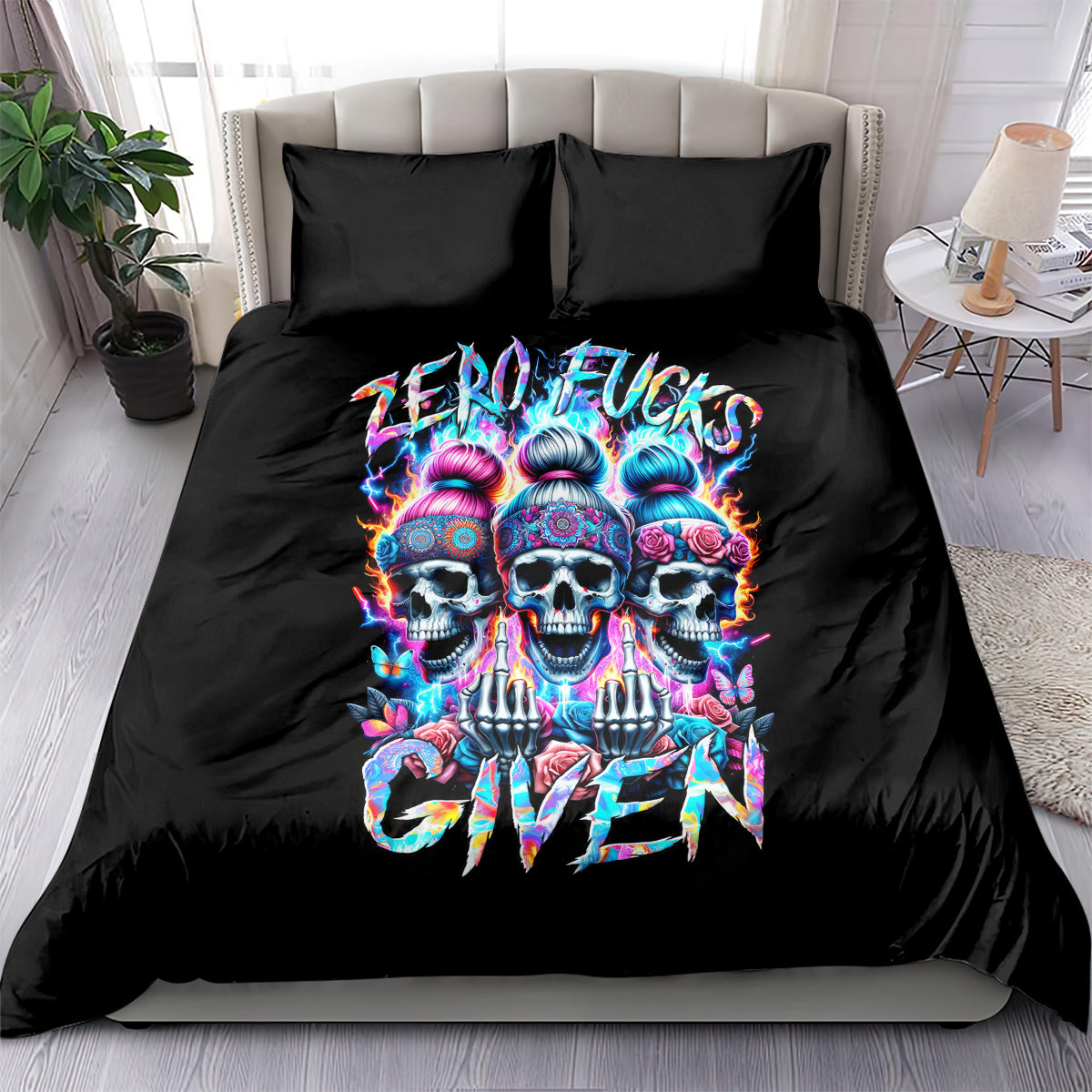 Black duvet cover bedding set with bright triple-skull design and two pillows