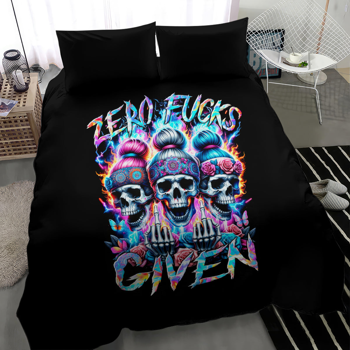 Black duvet cover bedding set featuring triple skulls, with two pillowcases