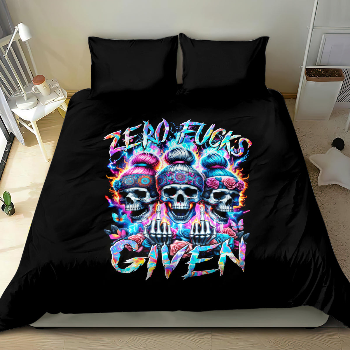 Black bedding set with triple-skull artwork and two square pillowcases