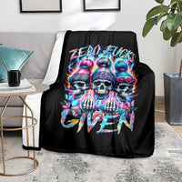 Black living room throw blanket with colorful triple skulls and graffiti text