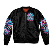 Black bomber jacket with front zipper, neon skull chest graphic and colorful sleeve prints