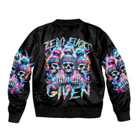 Black bomber jacket with large neon skulls graphic on back, ribbed collar and cuffs