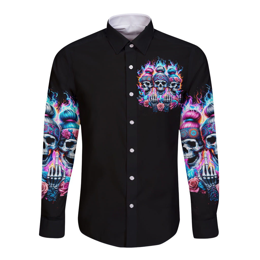 Black long-sleeve button shirt with colorful skull graphic on front