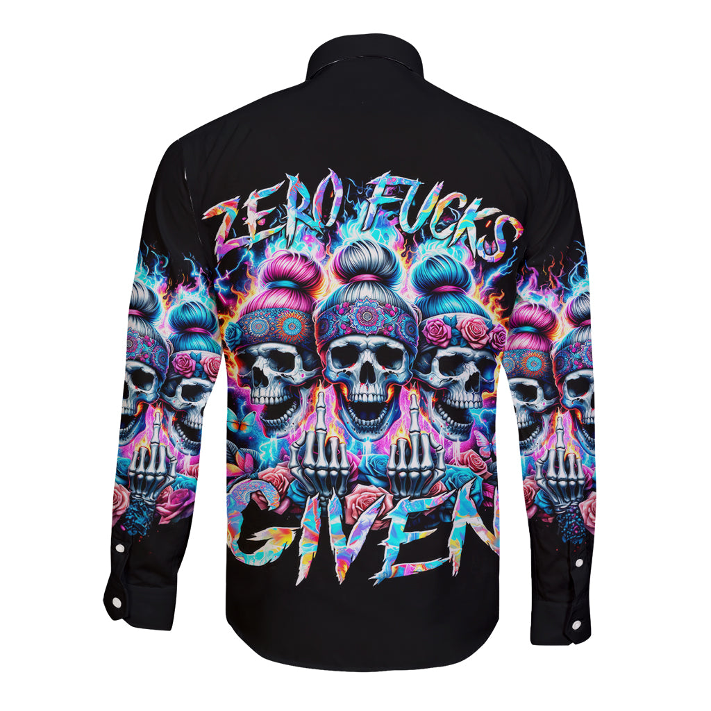 Lady Skull Long Sleeve Button Shirt Zero Fucks Given - Wonder Print Shop