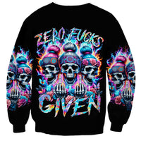 Black crewneck sweatshirt with colorful skull and hand graphic, long sleeves