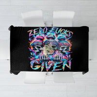 Black tablecloth with centered colorful skull and text graphic