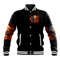 Black baseball jacket with fiery skull emblem, snap-button front and striped ribbing