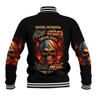 Black baseball jacket with fiery skull graphic, striped ribbed collar and cuffs