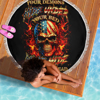 Black 150cm round beach blanket with white fringe and fiery skull graphic